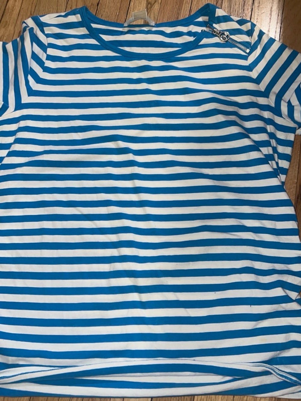 Michael Kors Teal-Blue and White Striped Short Sleeve Top